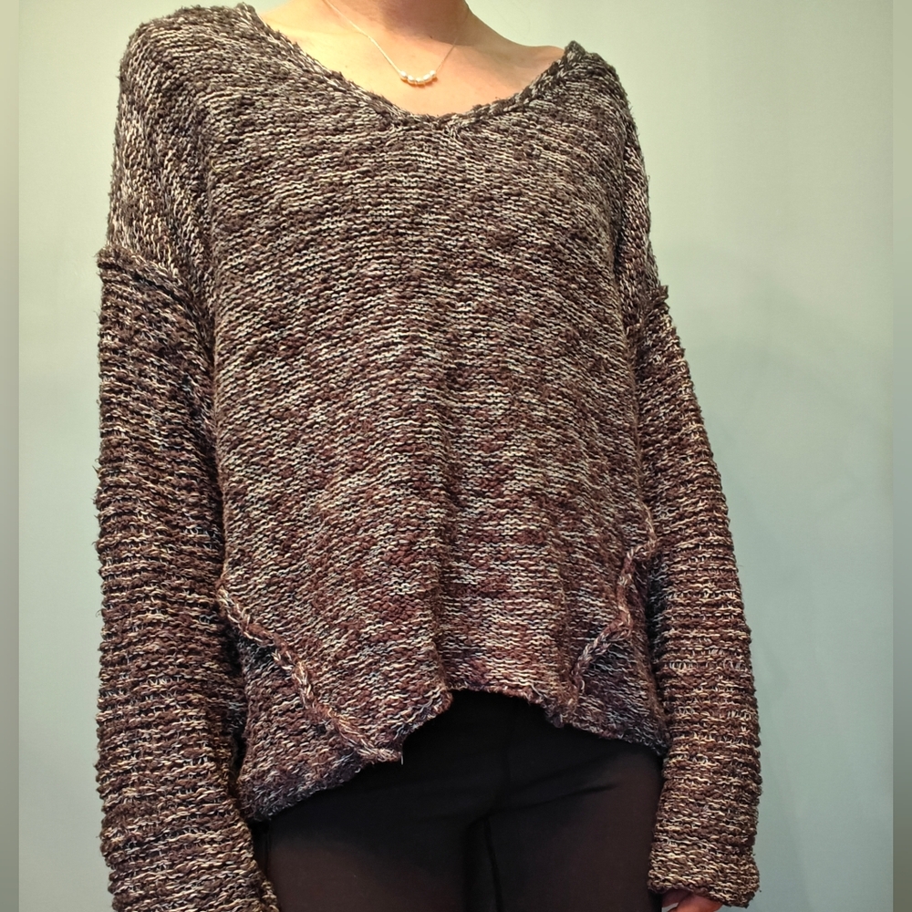 Oversized‎ Slouchy 100% Cotton Knit Marled Raw Hem Sweater V-neck Women's Medium